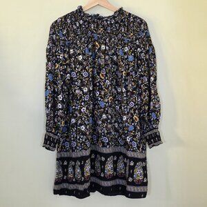 Zara Mini Tunic Dress Women L Black LS Smocked Floral Whimsigoth Boho Printed